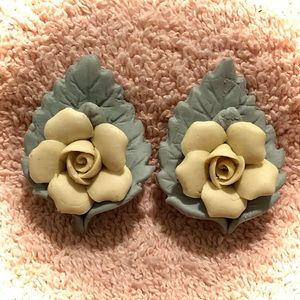 RARE Vintage 1980’s Porcelain Cream Rose Clip-On Earrings